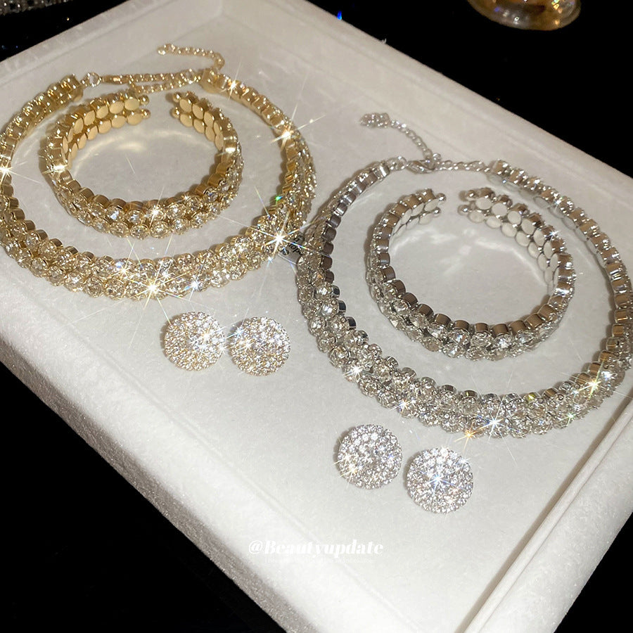 Luxury Rhinestone-Inlaid Round Double-Layer Necklace Bracelet Earrings Set for Women with Clavicle Chain Geometric Design Elegant Fashion Accessory