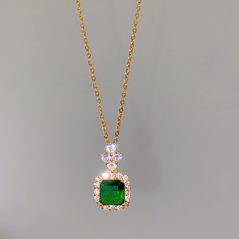Sweet Colorful Cubic Zirconia Geometric Square Pendant Titanium Steel Necklace Cable Chain