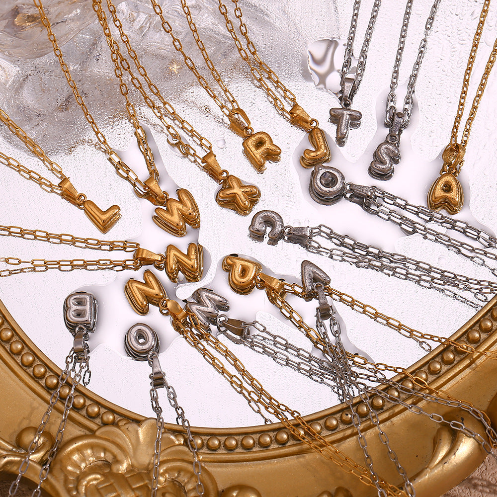 Minimalist Fashion Letter Pendant Necklace in Stainless Steel with 18K Gold Plating, Bubble-Inspired Mini Safety Pin Design for Women