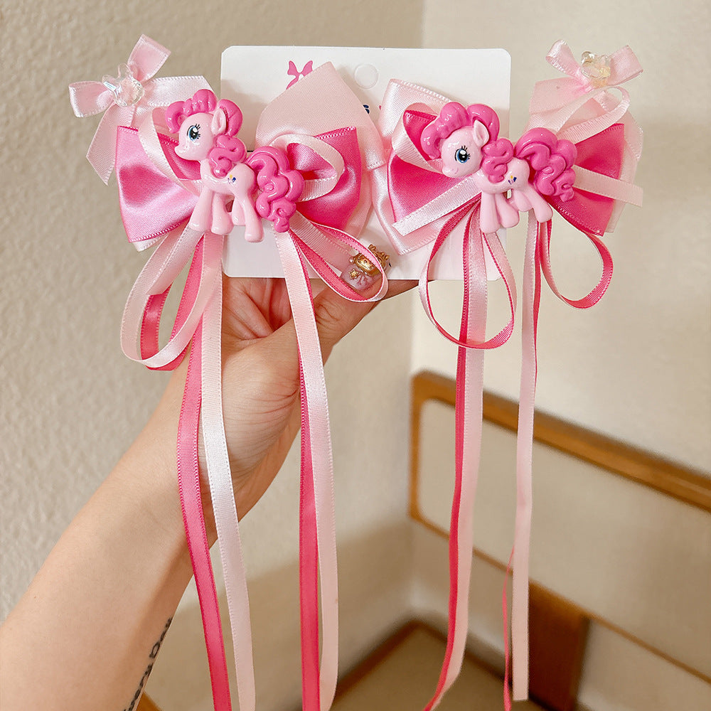 Cartoon Pony-Themed Hair Clip for Girls with Ribbon Bow and Tassel Decorations Made of Fabric