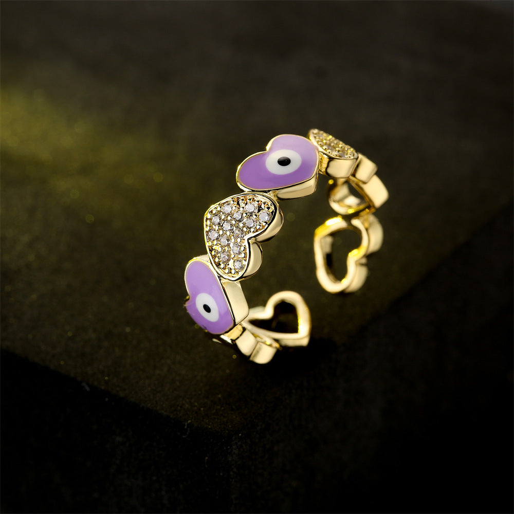 Casual Gold Drip Oil Heart Geometric Brass Ring with Cubic Zirconia for Women