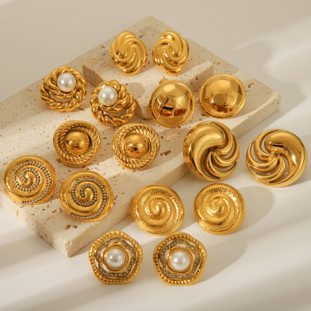 Geometric Spiral Swirl Titanium Steel Earrings with 18K Gold Plating and Pearl Accents for Women