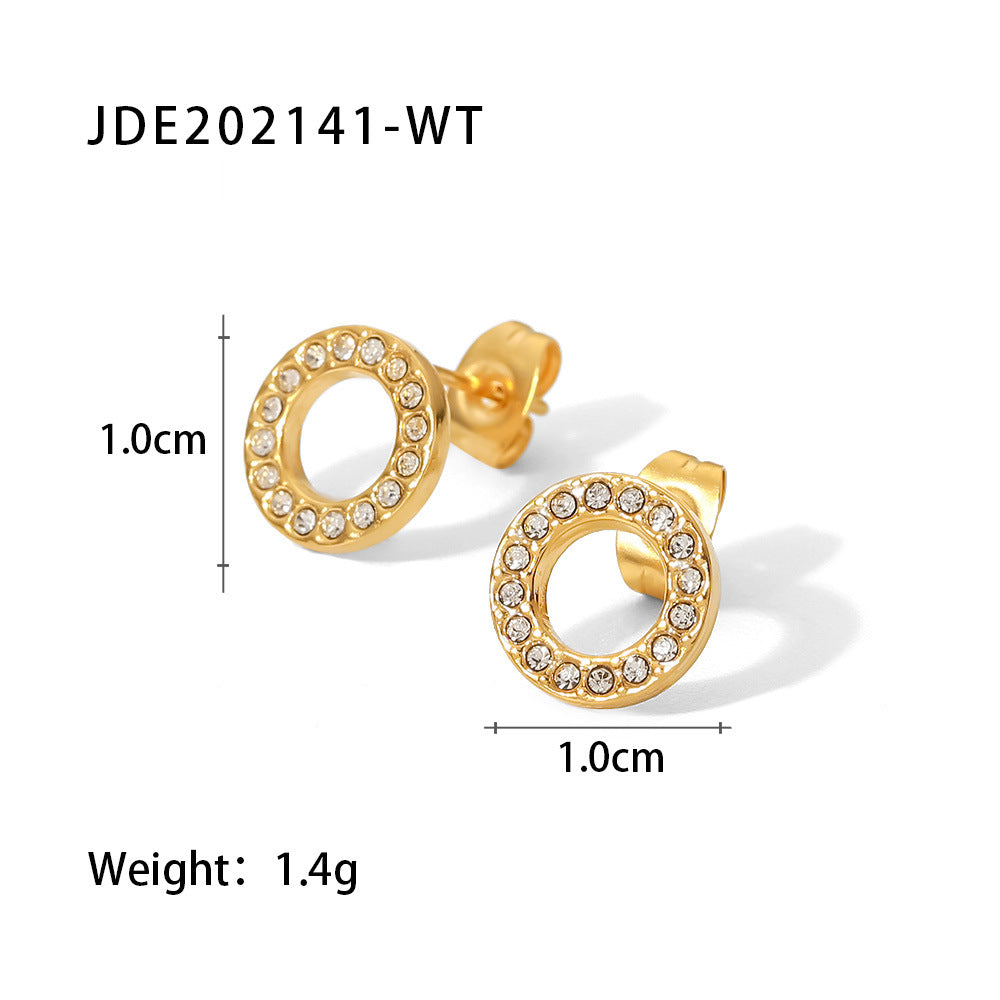 Women's Titanium Steel Geometric White Hollow Round Cubic Zirconia Stud Earrings with 18K Gold Plating