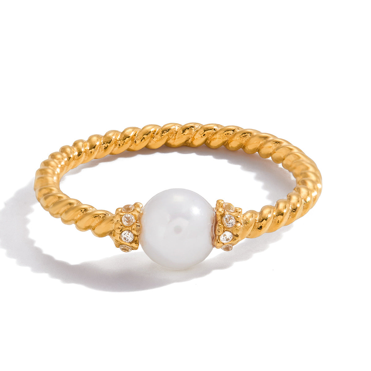 Anillo geométrico de acero inoxidable con detalles de circonita y perlas chapado para mujer, accesorio de moda de lujo