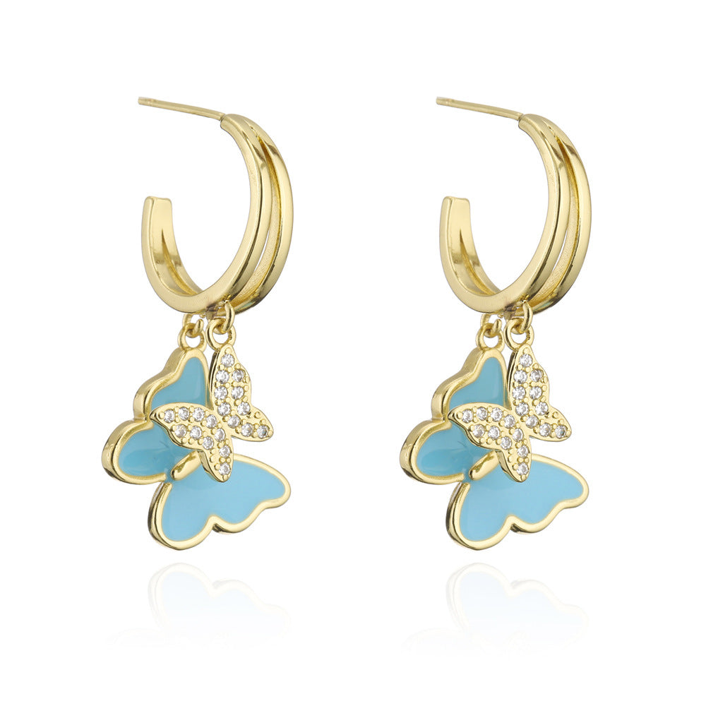 Minimalist Butterfly Earrings in Copper with 18K Gold Plating and Zircon Inlay