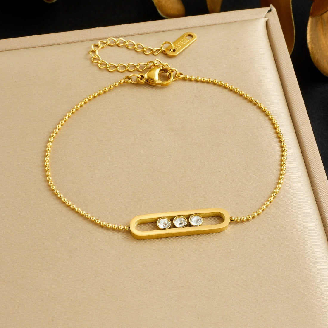 Minimalist Gold Plated Geometric Rhinestone Bar Stainless Steel Ball Chain Bracelet for Women