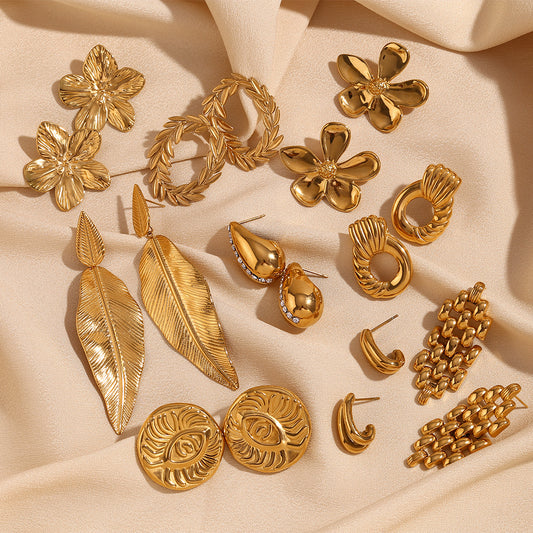 Vintage-Inspired Geometric Stainless Steel Earrings with 18K Gold Plating for Women