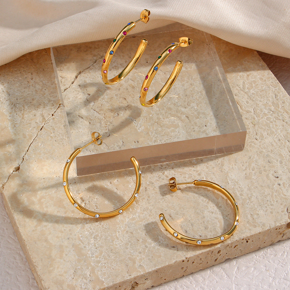 Fashion Geometric Stainless Steel 18K Gold Plated Large Cubic Zirconia Inlay Hoop Earrings for Women