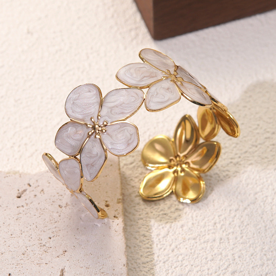 Minimalist Elegant Floral Drip Oil Stainless Steel Cuff Bracelet