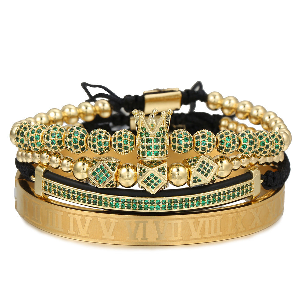 Fashion Unisex Micro-pave Cubic Zirconia Crown Ball Geometric Titanium Steel Bracelet Set