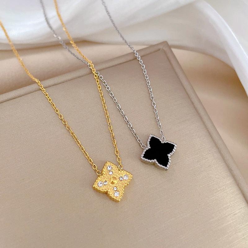 Minimalist Titanium Steel Rhinestone Four-Leaf Clover Collar Chain Necklace