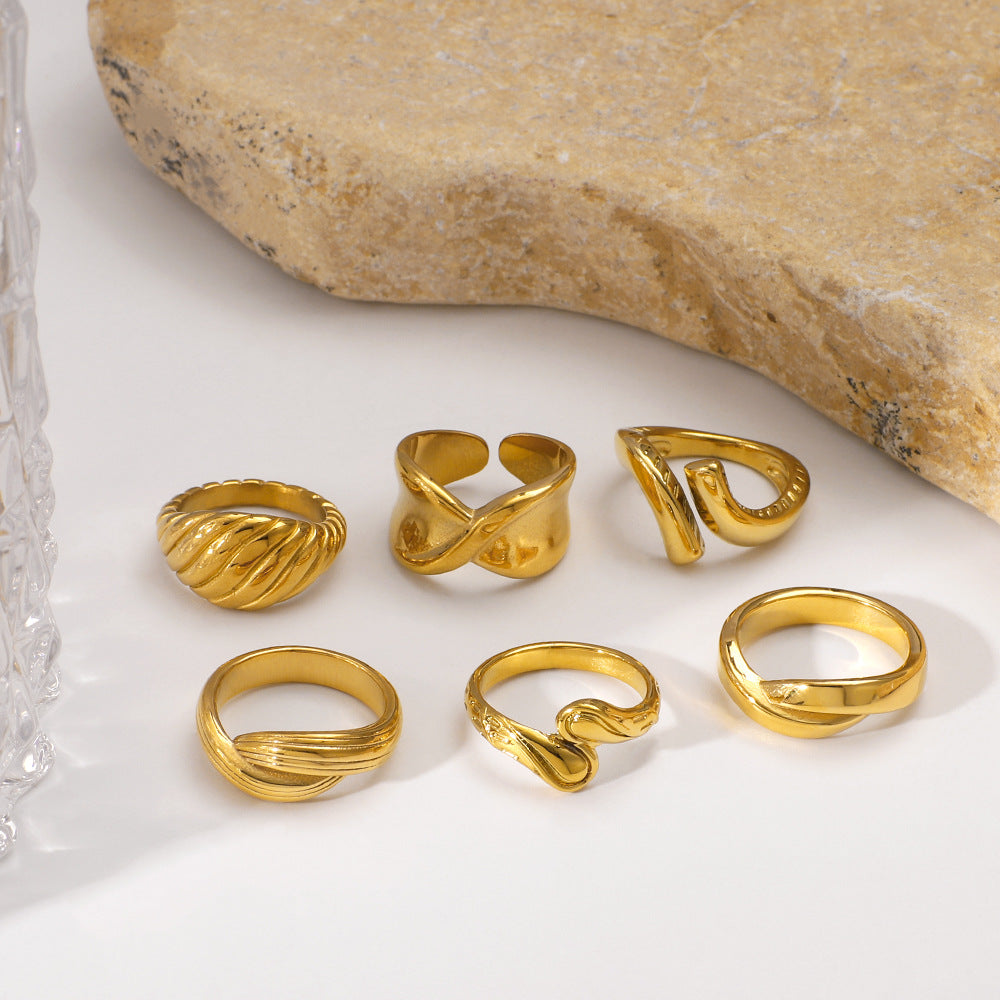 Anello geometrico in acciaio inossidabile con linea testurizzata e motivo a nodo per donna e uomo, fascia minimalista galvanizzata