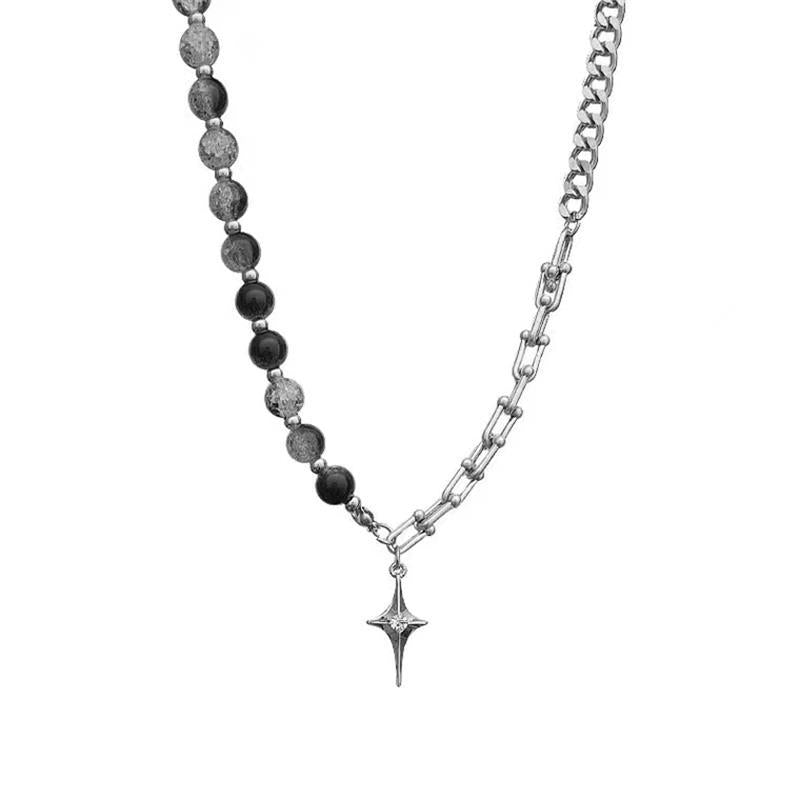 Collana in Acciaio al Titanio da Uomo Stile Hip-Hop con Ciondolo a Stella e Croce con Dettagli a Perline Effetto Ghiaccio Locket Minimalista Unisex