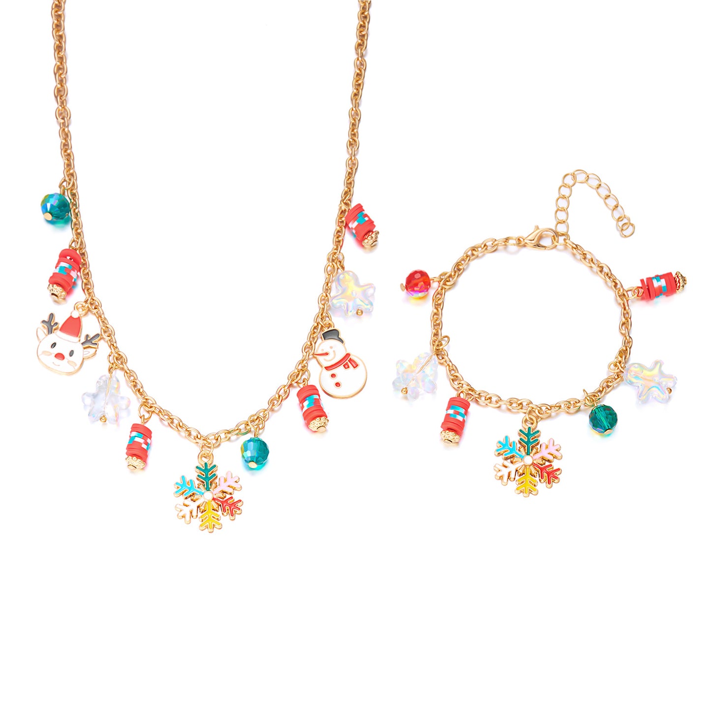 Fashion Christmas Tree Snowflake Santa Claus Pendant Necklace and Bracelet Set for Women with Alloy Construction and Electroplated Finish