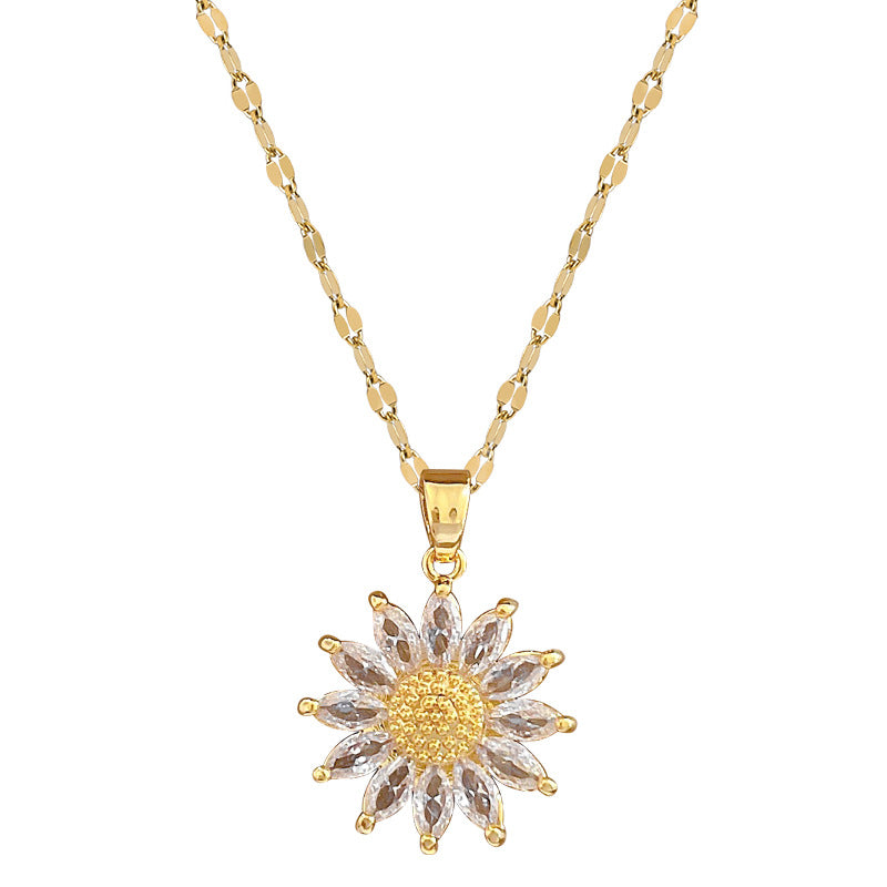 Luxury Sunflower Geometric Pendant Necklace for Women Titanium Steel Clavicle Chain with Zircon Inlay