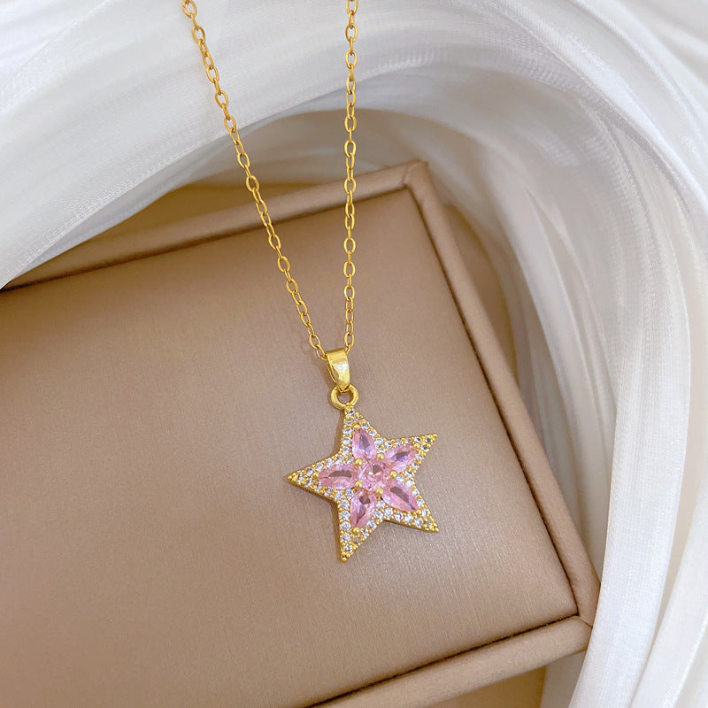 Sweet Minimalist Pink Star Rhinestone Inlay Titanium Steel Necklace for Unisex