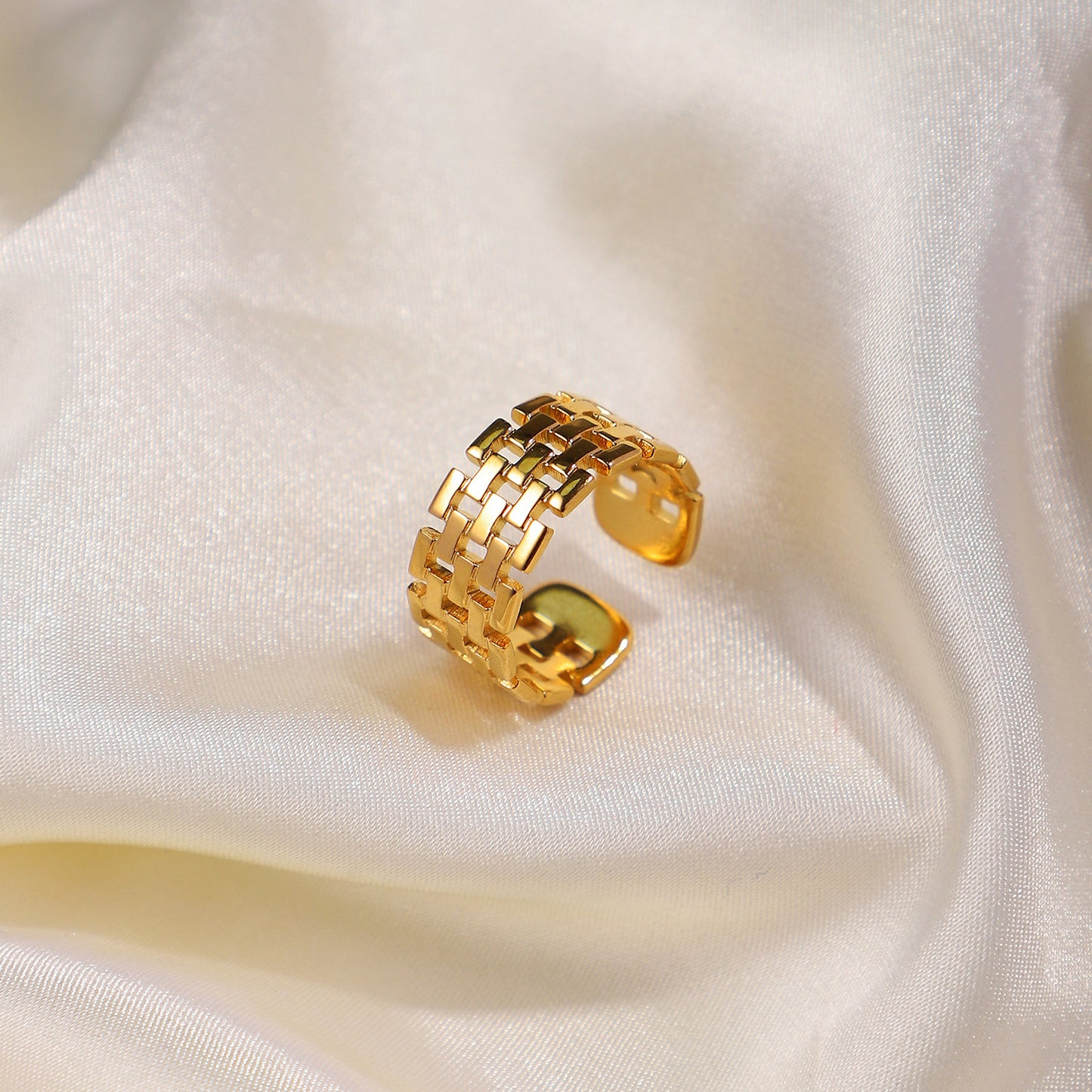 Minimalist Wide Band Open Ring for Women in Stainless Steel with 18K Gold Plating and Mesh Texture