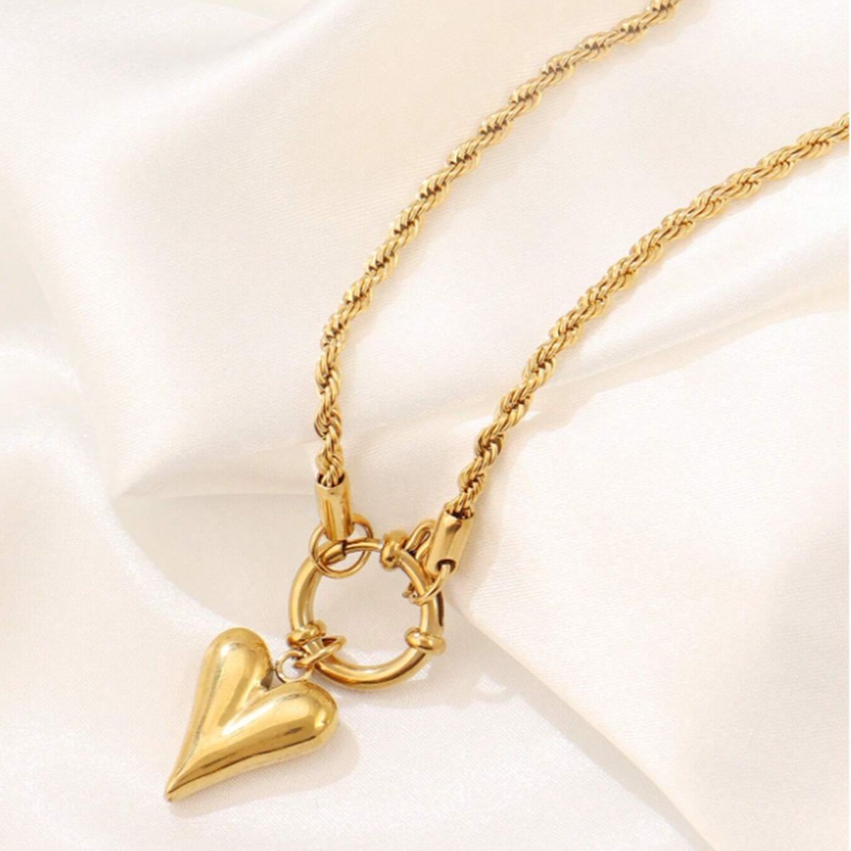 Elegant Heart-Shaped Pendant Necklace in Stainless Steel with Plated Finish and Square Pearl Chain for Women and Men