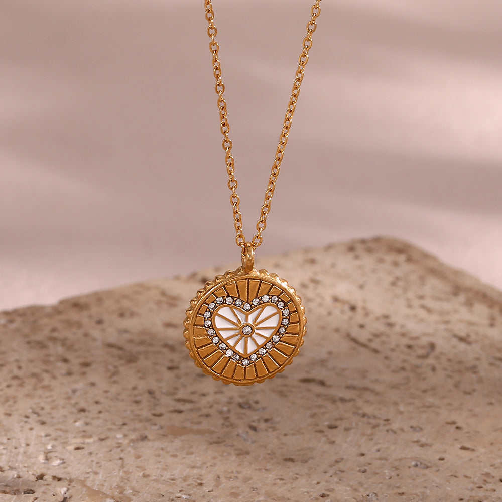 Collana girocollo con ciondolo a moneta a forma di cuore smaltato a pois fronte-retro in acciaio inossidabile da donna, stile minimalista