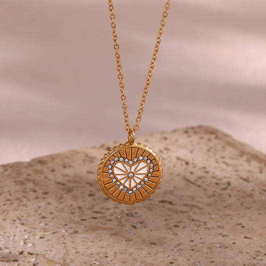 Minimalist Fashion Double-Sided Enamel Heart Polka Dot Coin Pendant Necklace for Women Stainless Steel Clavicle Chain