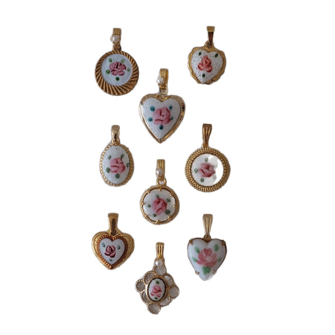 Vintage Geometric Heart Floral Drip Oil Plated Brass Pendant Charm Bar 14K Gold Color