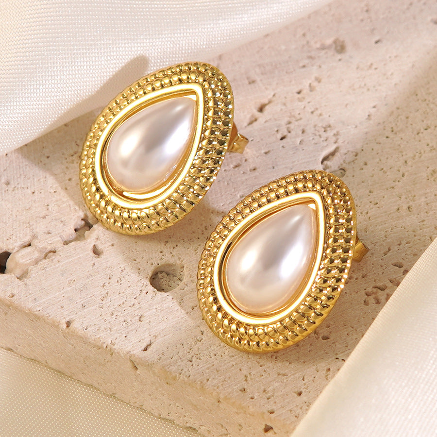 Vintage Geometric Oval Pearl Plated Stainless Steel Earrings for Women