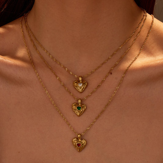 Fashion OL 18K Gold Plated Stainless Steel Hammered Heart Rhinestone Pendant Necklace for Women