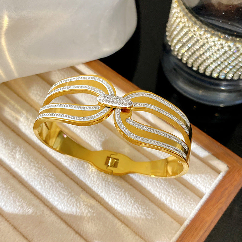 Minimalist Luxury Gold Plated Geometric Roman Number Cubic Zirconia Inlay Stainless Steel Cuff Bracelet for Women