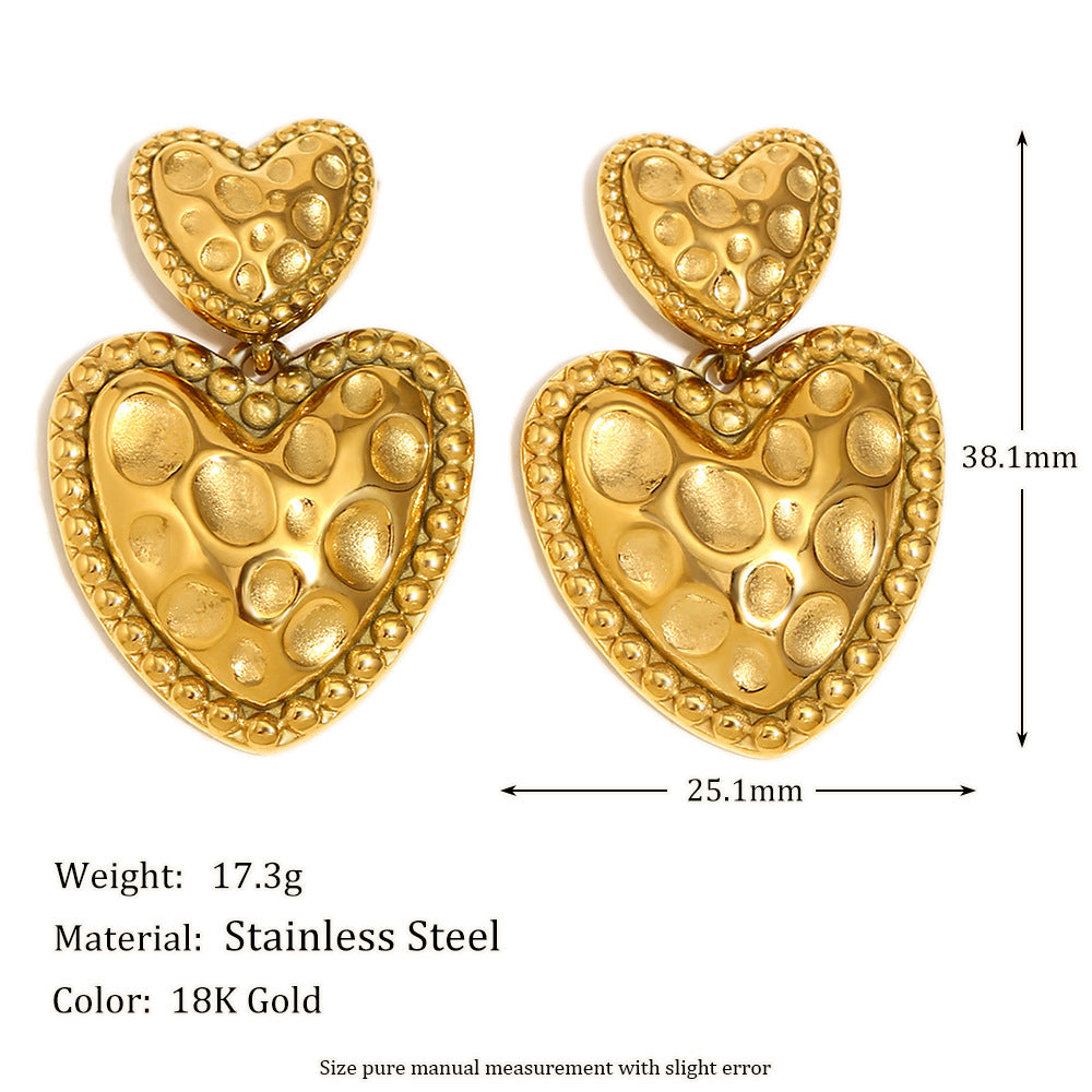 Vintage Fashion Heart-Shaped Earrings in 316L Stainless Steel with 18K Gold Plating and Meteorite Texture