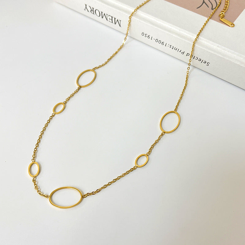 Minimalist Geometric Hollow Round Pendant Necklace for Women Titanium Steel Plated Water Wave Chain