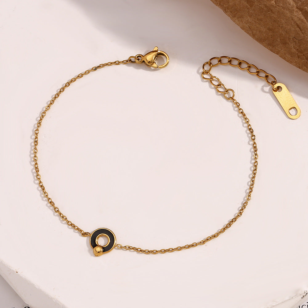 Fashionable Minimalist Geometric Stainless Steel Plated 18K Gold Black Enamel Round Symbol Bracelet for Women