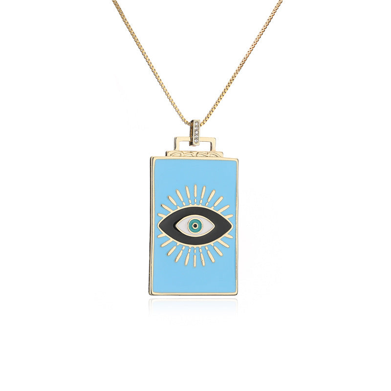 Drip Oil Rectangle Geometric Brass Inlaid Cubic Zirconia Pendant Necklace with Cable Chain