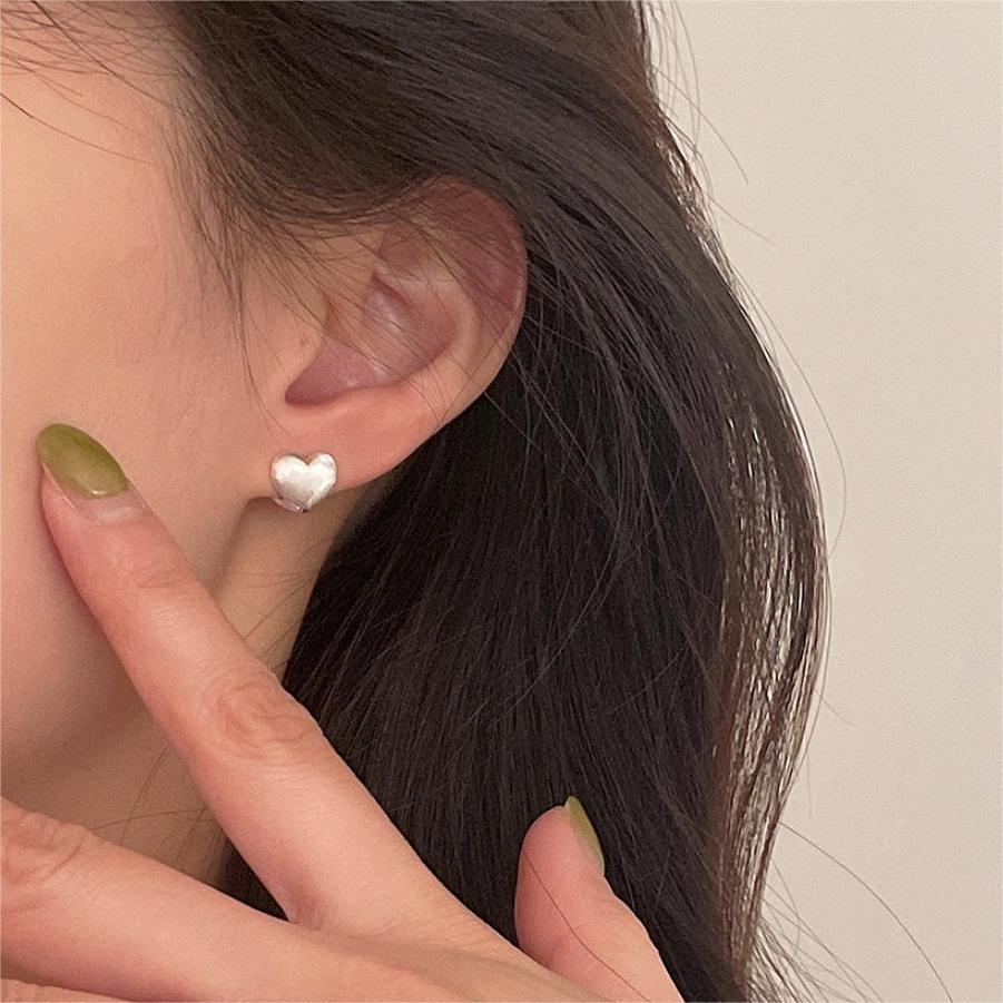Minimalist Sweet 925 Sterling Silver Brushed Heart Earrings Geometric Design Gold Plated Option