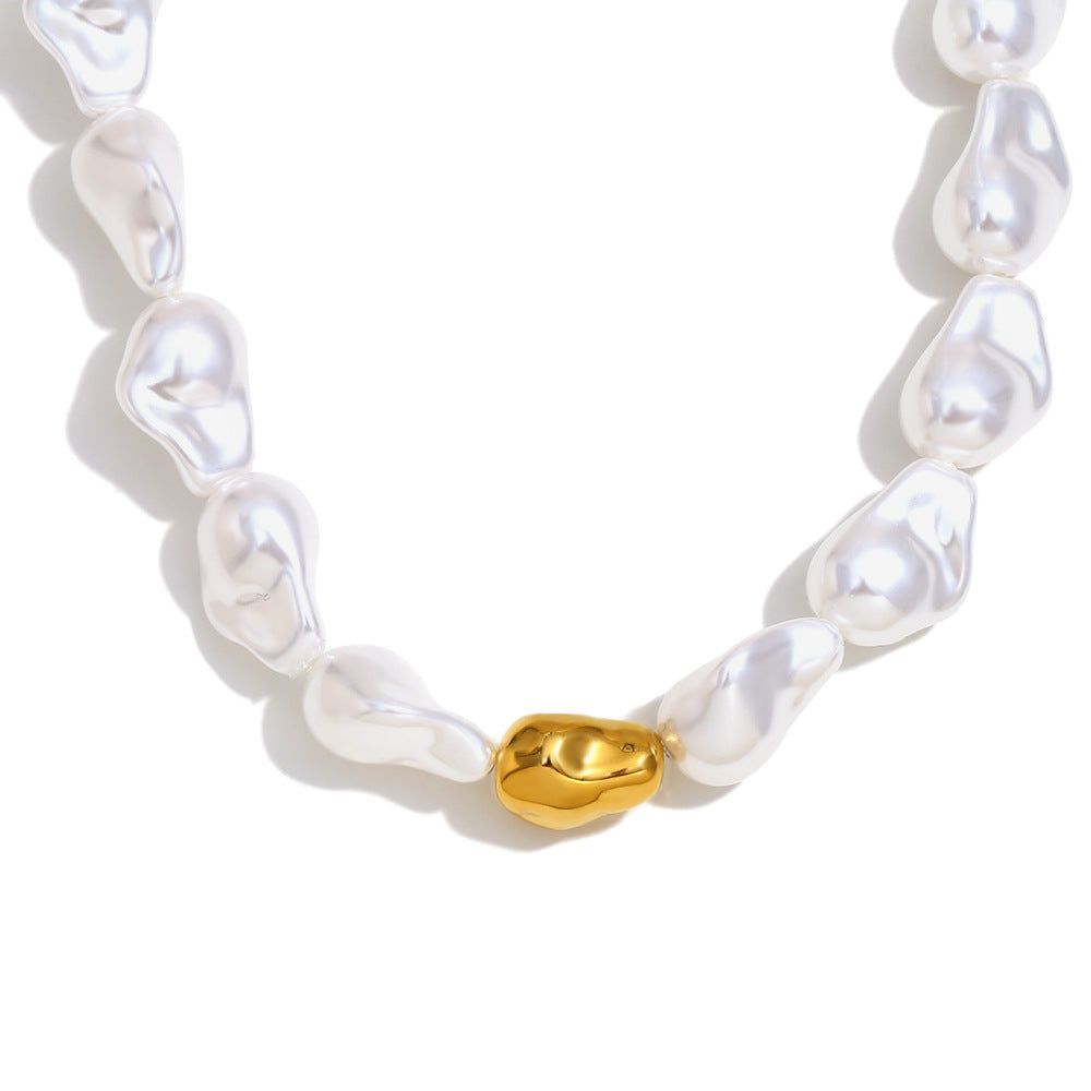Conjunto de collar y pulsera de perlas barrocas geométricas de estilo vintage francés para mujer en acero inoxidable con baño de oro de 18 quilates