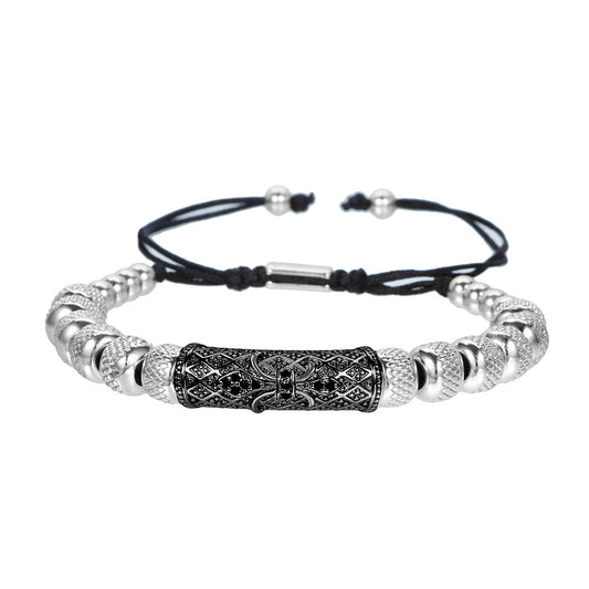 Vintage Adjustable Stainless Steel Geometric Round Bead Cubic Zirconia Curved Tube Bracelet for Men and Women