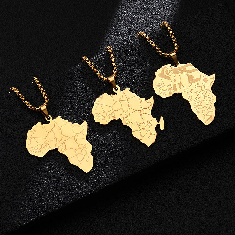 Collana con Ciondolo Mappa dell'Africa Placcato Oro in Acciaio al Titanio Stile Retro Hip-Hop con Ciondolo Elefante su Catena di Perle Quadrate per Unisex