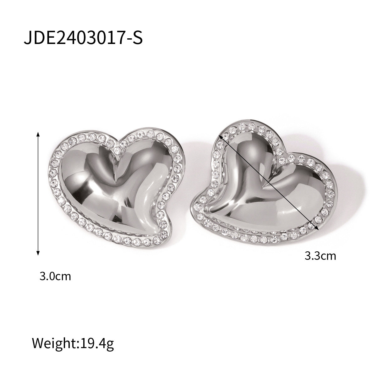 Ins Style Asymmetrical Heart-Shaped Earrings in Stainless Steel with 18K Gold Plating and White Rhinestone Inlay