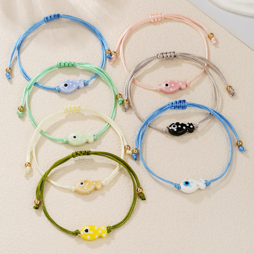 Sweet Cartoon Polka Dot Ceramic Fish Braided Bracelet Adjustable Multi-Color