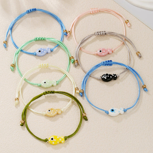 Sweet Cartoon Polka Dot Ceramic Fish Braided Bracelet Adjustable Multi-Color