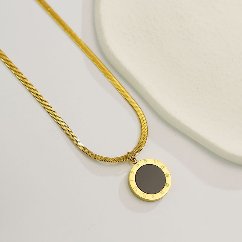 Minimalist Roman Numeral Pendant Necklace in Titanium Steel with Gold Inlay on Snake Chain for Women