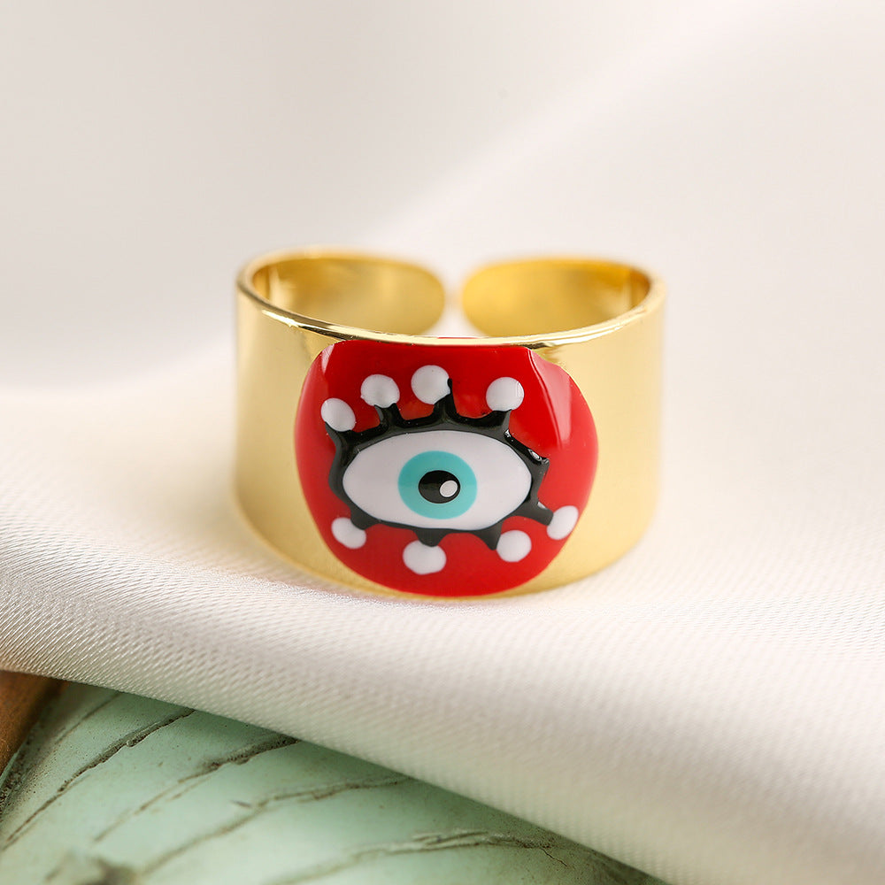 Anello Aperto Geometrico da Donna con Base in Rame Placcato Oro 18K e Smalto Design Occhio di Allah