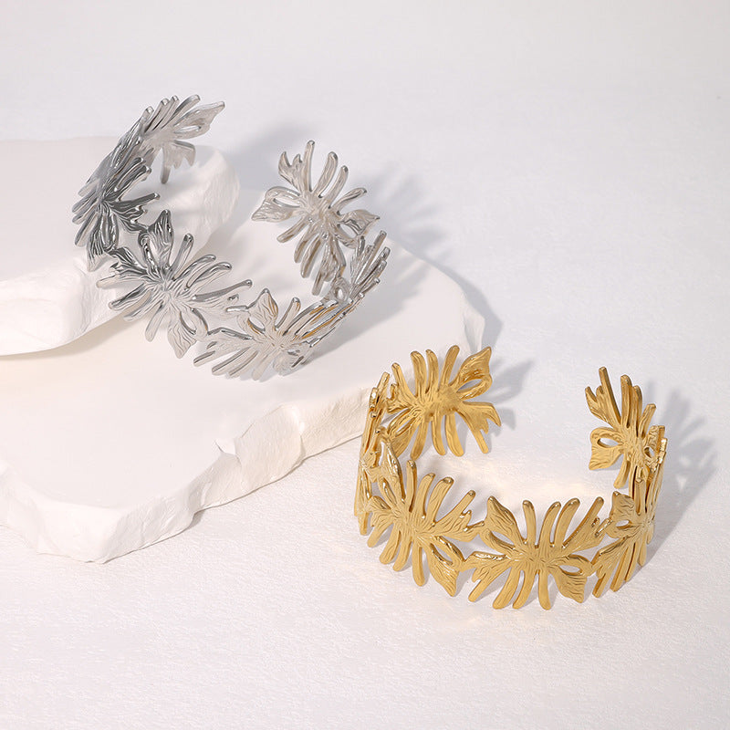Elegante bracciale vintage da donna in acciaio inossidabile placcato, a foglia irregolare