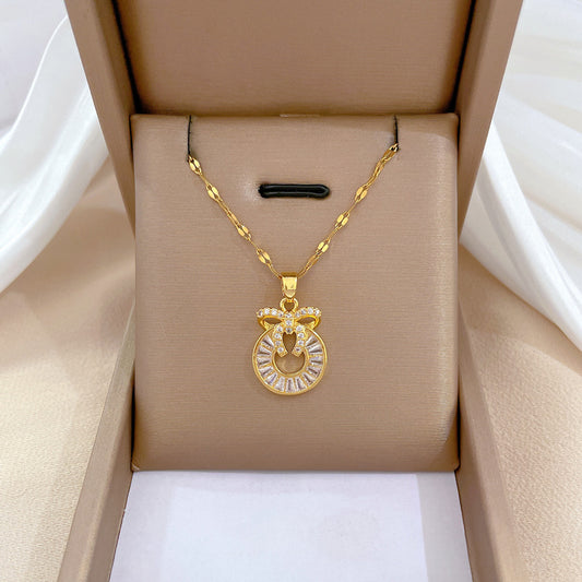 Sweet Geometric Butterfly Rhinestone Inlay Titanium Steel Necklace with Brass Pendant