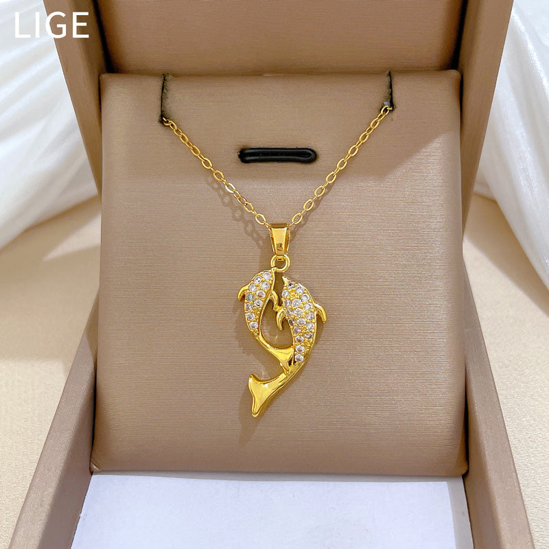 Sweet Minimalist Rhinestone Paved Dolphin Titanium Steel Necklace for Unisex