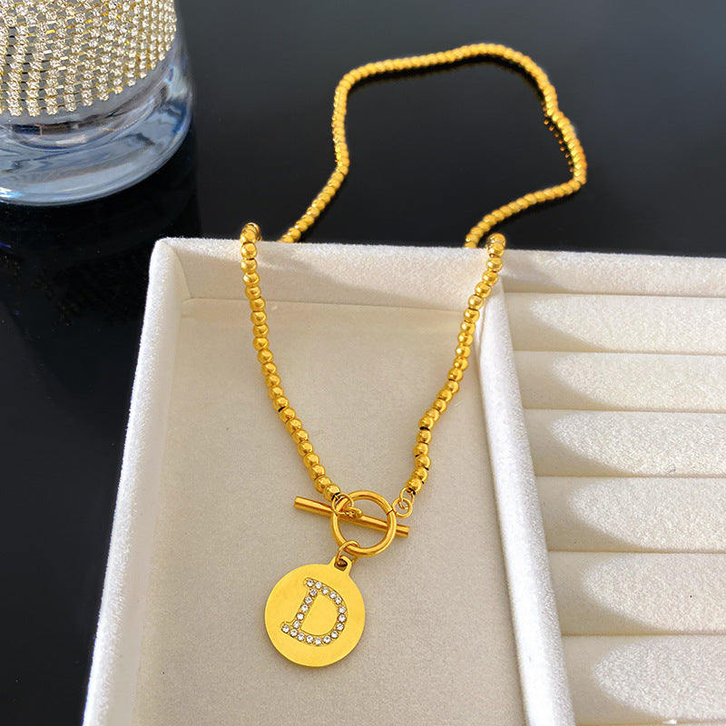 Vintage Rhinestone Inlaid Round Letter Geometric Titanium Steel Necklace with OT Clasp