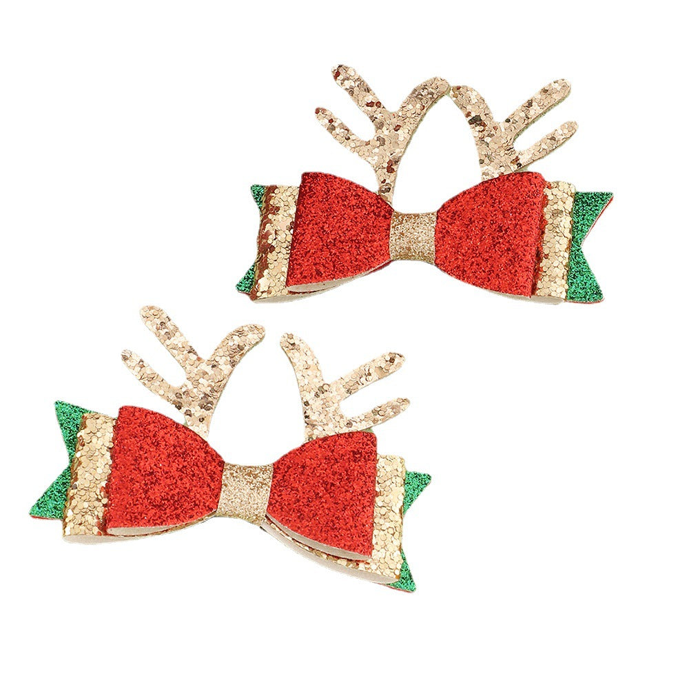 Juego de pinzas de pelo de orejas de ciervo y lazo hechas a mano para niños en piel sintética roja y verde con detalles de purpurina para Navidad