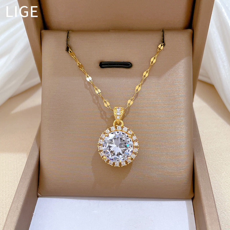 Sweet Round Geometric Titanium Steel Necklace with Micro-Inlaid Cubic Zirconia on Brass Pendant