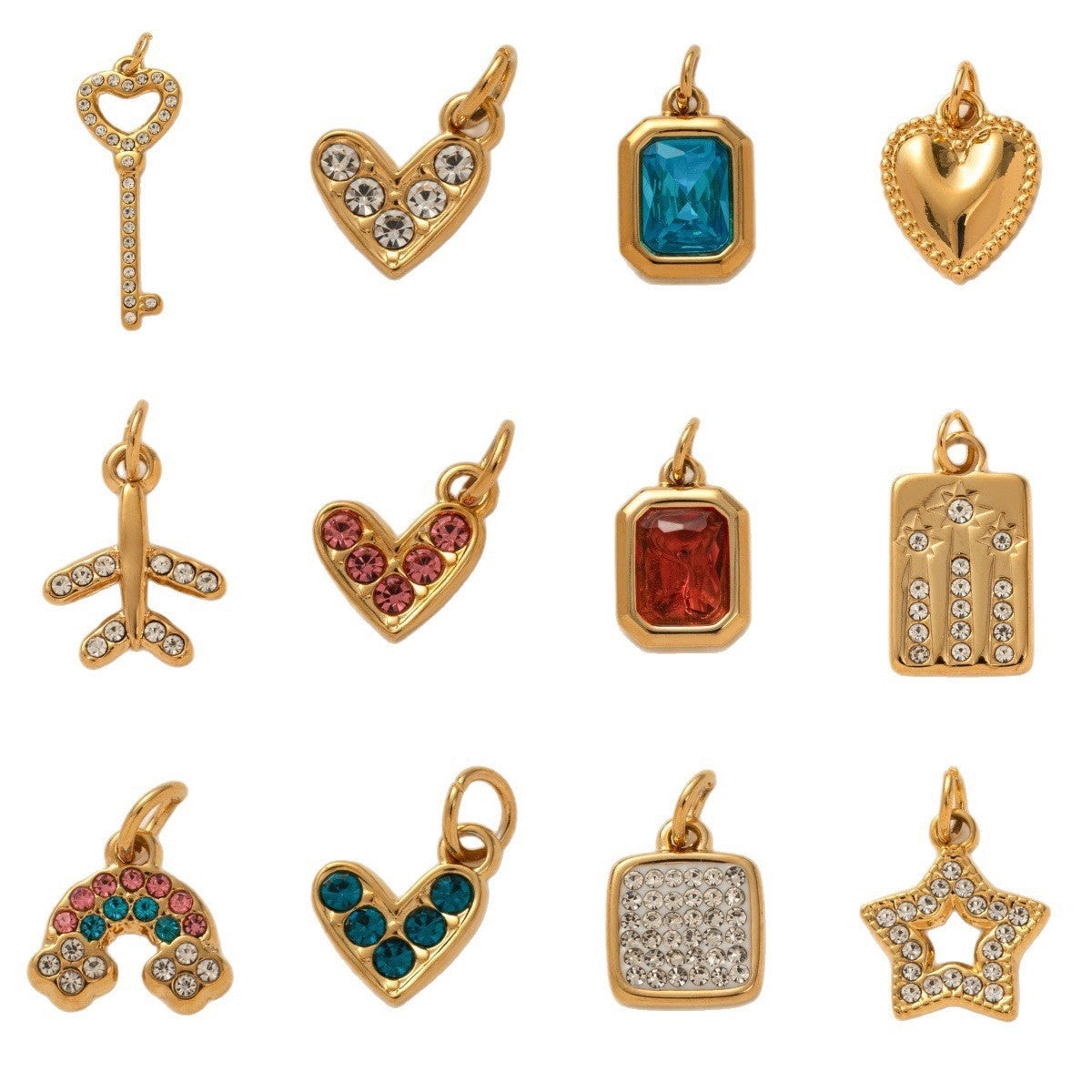 Vintage 18K Gold Plated PVD Stainless Steel Square Cubic Zirconia Inlaid Airplane Charm Bar