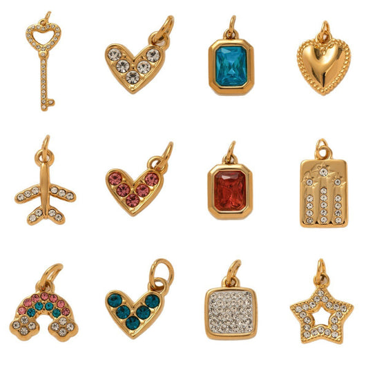 Vintage 18K Gold Plated PVD Stainless Steel Square Cubic Zirconia Inlaid Airplane Charm Bar