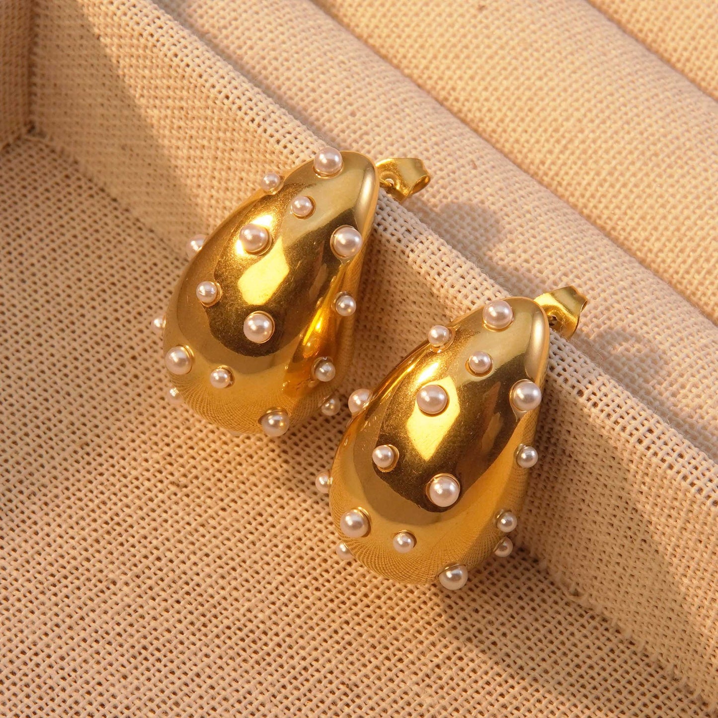 Orecchini di lusso in Acciaio Inossidabile con Perle, Placcati Oro 18K, a Goccia Geometrica, Rotondi e Ovali